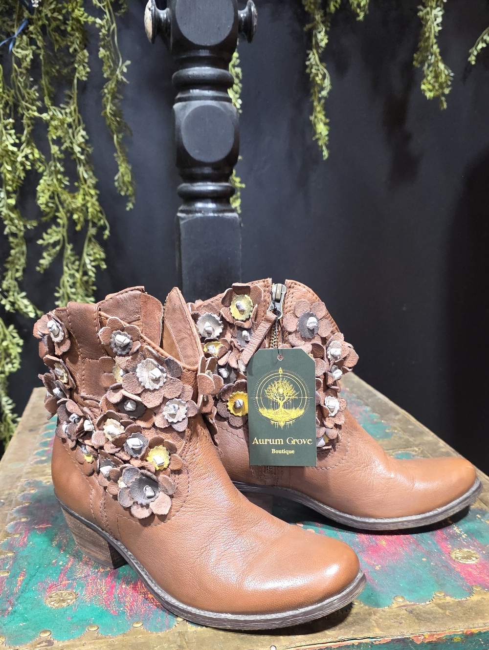 Sheridan Mia Brown Leather Floral Appliqué Ankle Boots